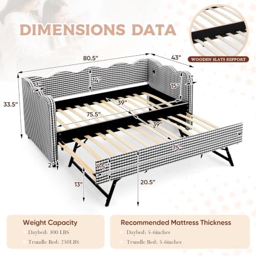 Twin Size Daybed with Pop Up Trundle, Linen Gingham Twin to King Daybed with USB Ports, Upholstered Day Bed Frame, Modern Sofa Bed for Living Room/Bedroom/Guest Room, No Box Spring Needed, Black