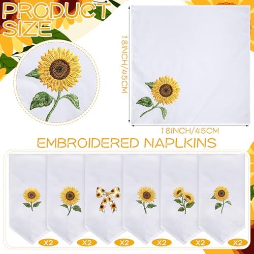 HunnmingRe 12 Pcs Sunflower Cloth Napkins Bulks 100% Cotton, 17x17inch