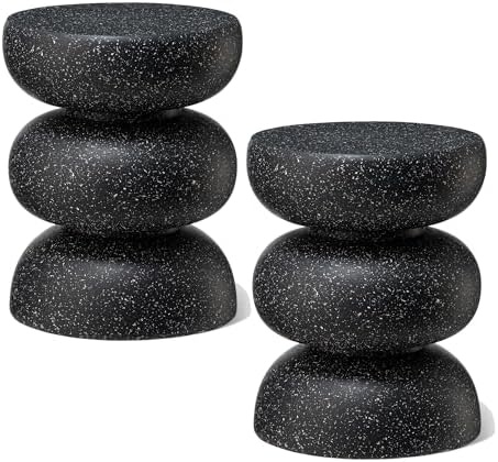 Glitzhome Outdoor Side Table Set of 2, 18" H Decorative Garden Stool MgO Faux Terrazzo End Table, Heavy Duty Indoor Outdoor Round Planter Stand for Living Room Bedroom Patio Deck Poolside,Black