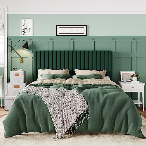 Allewie Queen Bed Frame, Velvet Upholstered Platform Bed with Adjustable Vertical Channel Tufted Headboard, Mattress Foundation with Strong Wooden Slats, Box Spring Optional, Easy Assembly, Green