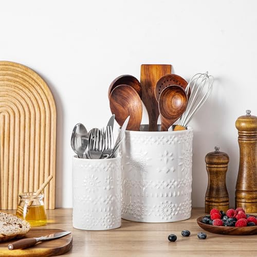 LOVECASA 7.2"+5.4" Ceramic Utensil Holder Set of 2, Farmhouse Crock