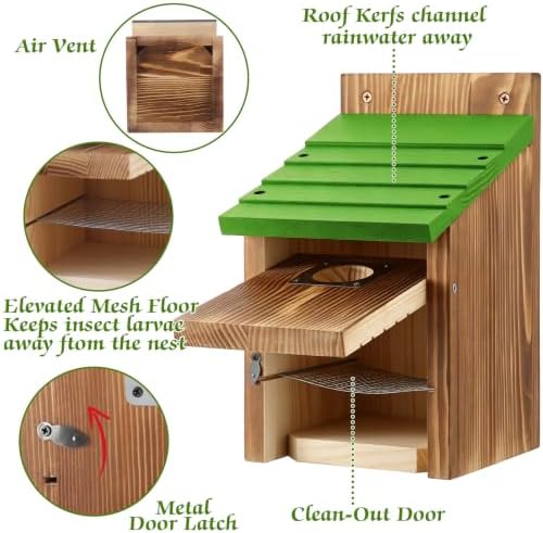 Dreyoo 4 Pack Bluebird Houses for Outside with Metal Predator Guard, 1-1/2" Entrance Hole Wooden Blue Bird Houses for Outdoors, Bluebird Nesting Box (Green Roof, Burnt Wood Body)