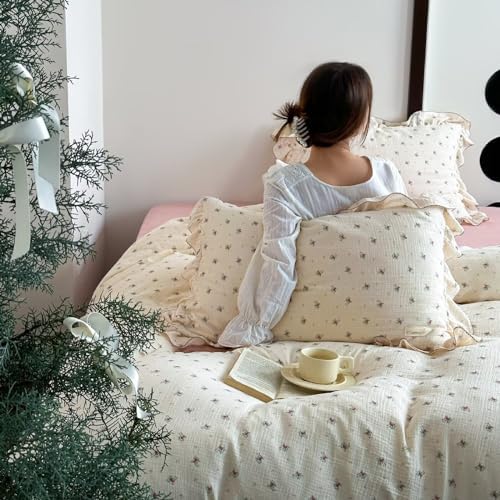 Cotton Muslin Chic Ruffles Duvet Cover Full, Berry Print, No Pillow