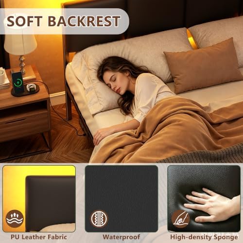 Furnulem Black Queen Bed Frame with PU Upholstered Headboard and LED Lights