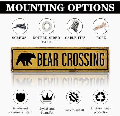 Rustic Farmhouse Metal Tin Sign, Bear Crossing Sign, Vintage Animal Road Signs for Porch, Yard, and Farmhouse, Animal Crossing Warning Signs, Perfect for Garden and Road, 15.7 x 3.9 inches