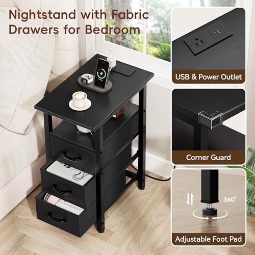 Vagusicc Black End Table with Charging Station, Narrow Side Table, 25.2'' Tall Narrow Nightstand with 3 Fabric Drawers, Slim Sofa Side Table for Small Spaces, Small Night Stand for Bedroom, Black