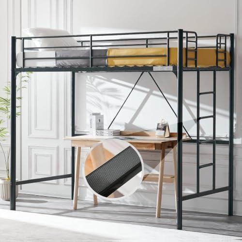 VINGLI 71 Inches Tall Loft Bed Twin Size with Flat Ladder Rung for Kids Teens Adults Heavy Duty Metal Single Bunk Bed Loft with Safety Guard Rails for Small Space, Black