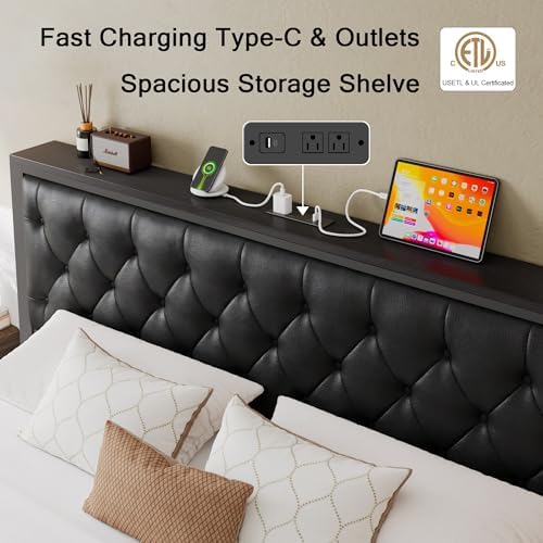 Einhomn King Bed Frame with Storage Drawer, Metal Platform Bed with Charging Station, Upholstered Faux Leather Button Tufted Storage Headboard, No Box Spring Needed, Noise-Free, Easy Assembly, Black