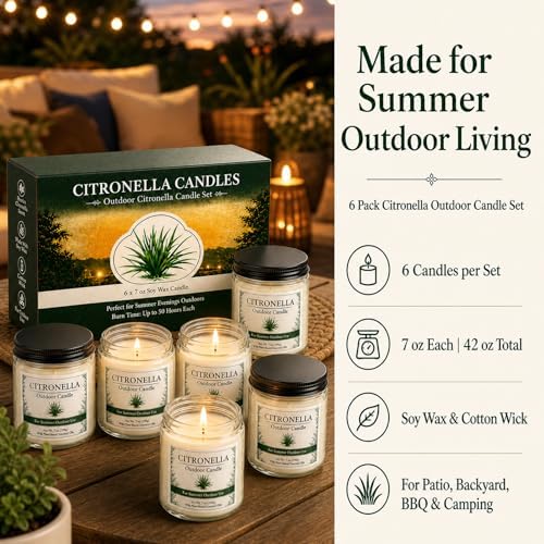 Citronella Candles Outdoor - 6 Pack Soy Wax Citronella Candles