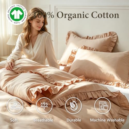 Simple&Opulence Kids 100% Organic Cotton Duvet Cover with Ruffle 68 x 86-2 PCS High End Floral Frill Lace Bedding, Romantic Cottagecore Style Comforter Cover with 1 Pillowcase, Sand, Twin