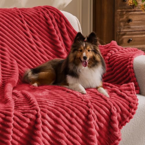 BEDELITE 3D Ribbed Jacquard Red Fleece Throw Blanket for Couch, 50x70 Inch