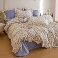 Blue Floral Duvet Cover Twin Size Cotton Lace Trim Comforter Cover Twin Size Ruffle Boho Pattern Zipper Duvet Cover Set with 2 Pillow Cases Princess Girls Bedding Set Farmhouse Duvet Protector