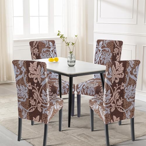 SearchI Dining Room Chair Covers Set of 6, Stretch Printed Parsons Chair Slipcovers Removable Washable Kitchen Chair Protector Cover for Dining Room, Hotel, Ceremony (Brown+Flower)