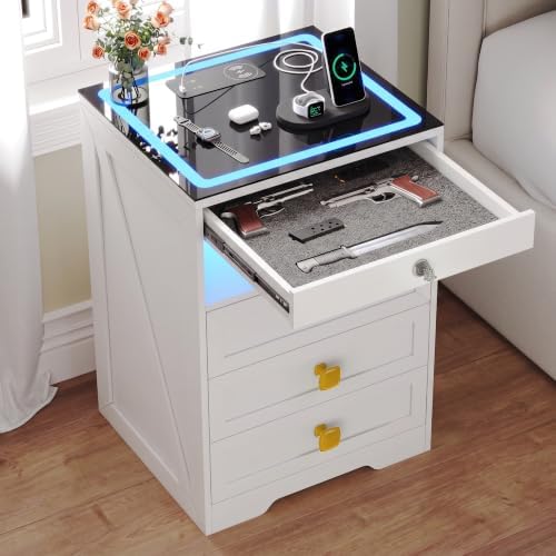 Smart LED Nightstand with Lockable Gun Drawer & Glass Top（White）