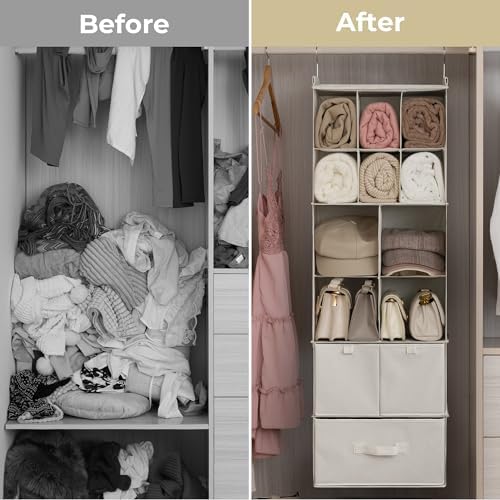 GRANNY SAYS Hanging Closet Organizer with 3 Drawers & 10 Cubicles, Beige