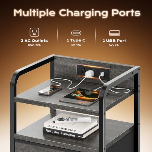 Huuger Nightstands Set of 2, Night Stand, Charging Station, USB-C Ports