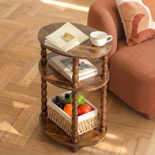 3-Tier Oval Side Table, Small End Table with Solid Wood Spindle Legs Brown