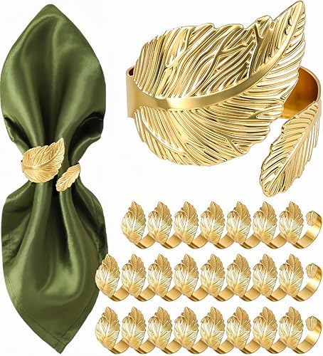 Gold Napkin Rings Set of 24, Solid Metal Laurel Leaf Table Decor