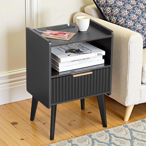 MAHANCRIS Black Nightstand with Charging Station, Modern Fluted End Table