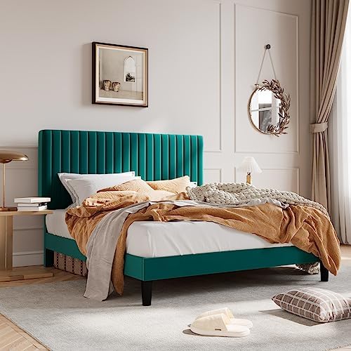 SHA CERLIN Queen Upholstered Platform Bed Frame with Vertical Channel Tufted Velvet Fabric Adjustable Headboard, Wooden Slats Support, Mattress Foundation, Box Spring Optional, Teal