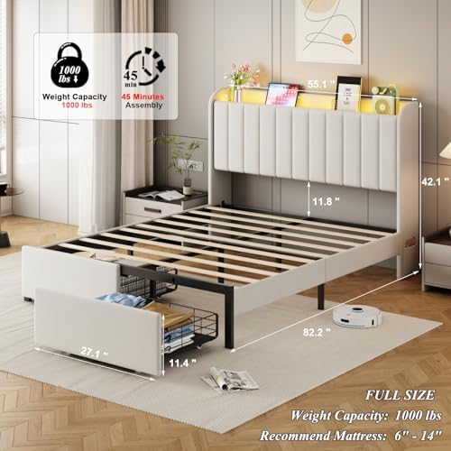 Full Size Bed Frames with Storage Headboard and 2 Drawers, Upholstered Platform Bed Frame Full with Led Lights and Handy Charging Station, No Box Spring Needed, Easy Assembly, Noise Free, Beige