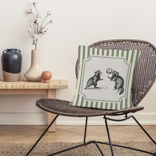 Funny Soccer Raccoon Sports Throw Pillow Cover 18x18, Sage Green Striped Raccoon Decorative Pillow Covers for Kids Boys Room Bedroom Playroom, Sports Nursery Decor Accent Pillows Cover Pillowcases