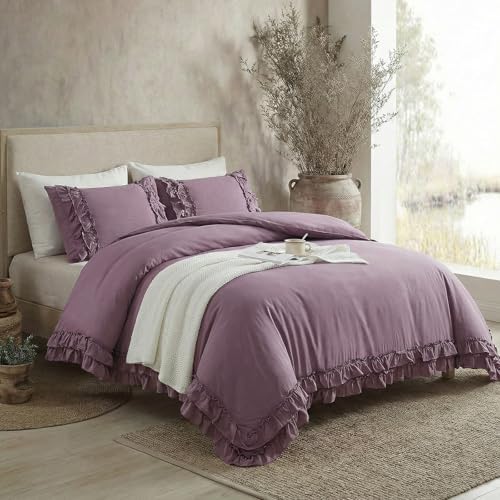Bedorm Queen Duvet Cover Set Purple Ruffle Bedding Set Pleat Ruffled Shabby Chic Comforter Cover Extra Soft & Easy Care Farmhouse Boho Duvet Cover with Zipper Closure