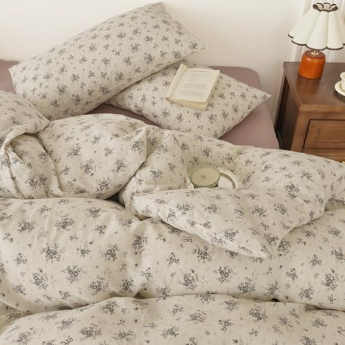 Muslin Cotton Duvet Cover Set King Floral Prints, Off-White
