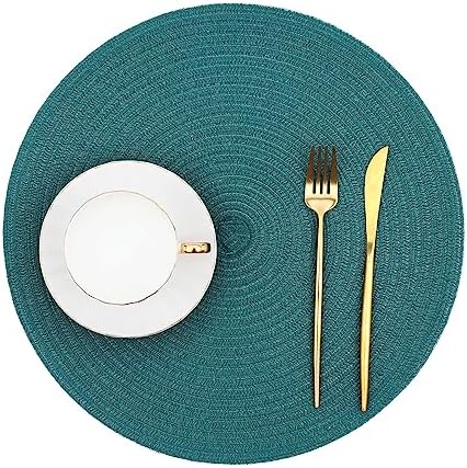 SHACOS Round Placemats Set of 6 Washable 15 inch Round Table Mats Cotton Polyester Woven Braided Place Mats for Dining Table, Teal Green