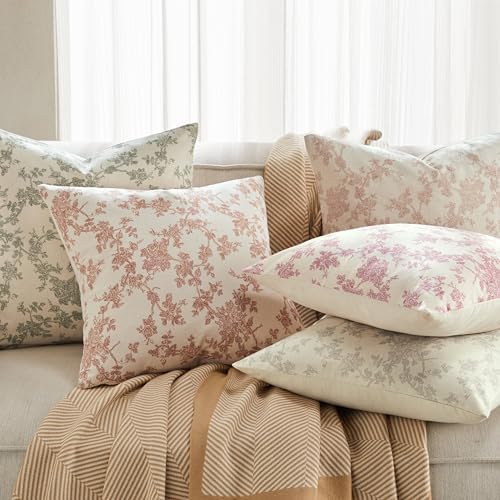 2 Pack French Floral Throw Pillow Covers 22x22in, Taupe/Cream