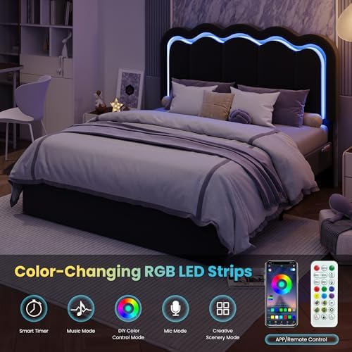 SHA CERLIN Queen Size Bed Frame with LED Lights and Storage Drawer, Black