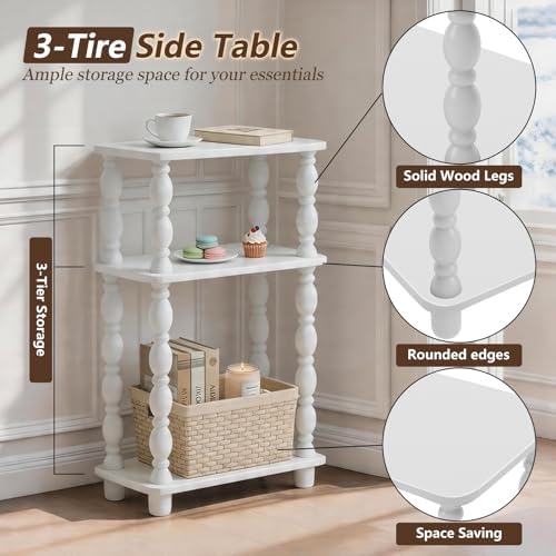 Narrow Side Table, Farmhouse Side Tables, 3-Tier Small End Table for Living Room, Couch Side Table for Skinny Spaces, Bedside Table Nightstand for Bedroom(White)