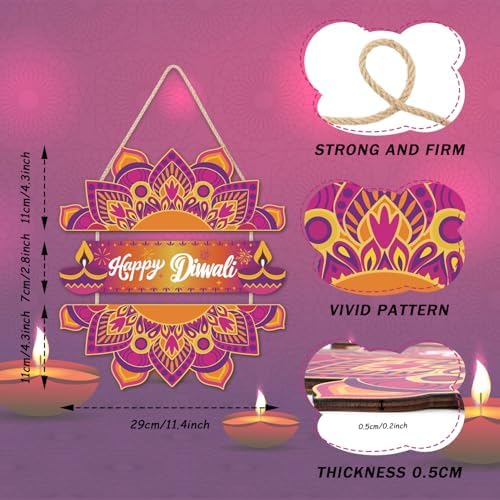 LHIUEM Happy Diwali Wooden Signs Indian Festival of Lights Door Hanging Decor Set of 3(4”X11”) Indian Wreath Garland,Dewalee Wood Wall Hanging,Diya Lotus Door Hanger Diwali Party Decor for Home Porch