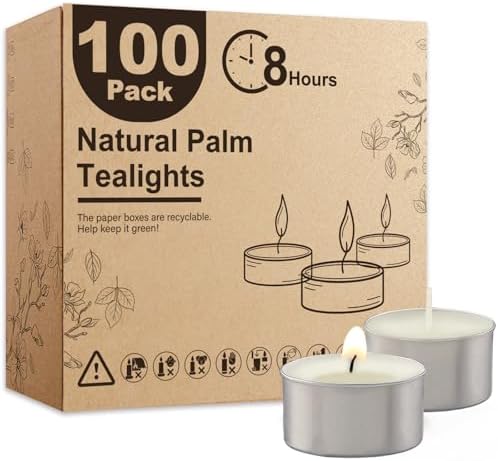 Ashlux 100-Pack Unscented Palm Wax Tea Lights Candles,8 Hours Burn