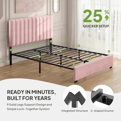 Welzona Queen Size Velvet Upholstered Bed Frame with Tufted Headboard, Pink
