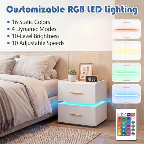 GIANTEX LED Night Stand Set 2 with Charging Station, Semi-Floating Bedside Table w/2 Storage Drawers, USB & Type-C Ports, Modern Couch End Sofa Side Table for Bedroom Small Spaces (White)