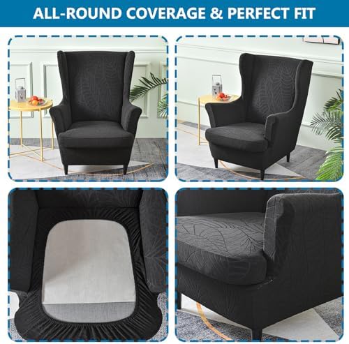 2 Piece Wingback Chair Cover Stretch Jacquard Wing Back Chair Slipcover with Armrest Washable Furniture Protector for Armchair Living Room Bedroom