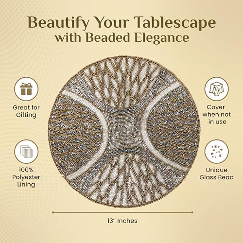 CLEENTABLE Brown Grey Round Beaded Placemats, Set of 2