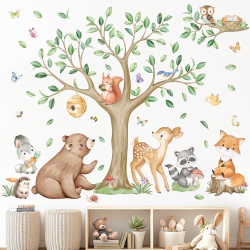 wondever Woodland Animal Wall Decals Tree Bear Deer Fox Owl Wall Stickers