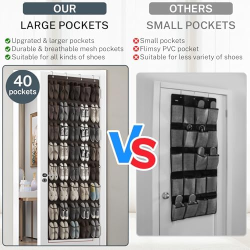 40-Pocket Over the Door Shoe Organizer - Large Mesh Pocket Hanging Shoe Organizer,Behind the Door Shoes Storage Holder Hanger (Coffee color)