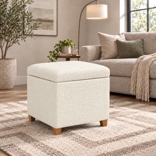 Adeco 18 Inch High Faux Fur White Cube Ottoman Storage, 3D Embossed Velvet Chair Foot Stools, Upholstered Vanity Stool with Hinged Lid, Solid Wood Legs