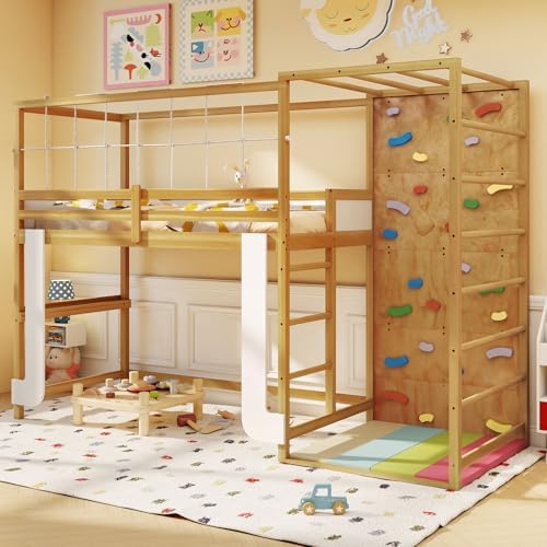 GIANTEX Twin Bunk Bed with Jungle Gym, 4-in-1 Wooden Loft Bed with Climbing Ladder, Rock Wall & Monkey Bar, Montessori Playhouse Bed with Full Length Guardrail & Wood Slat Support for Kids (Natural)