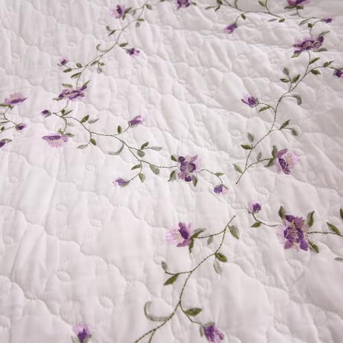 vctops 100% Cotton Quilted Throw Blanket 50x60 Inch Floral Embroidered Reversible Patchwork All Season Throw (Purple,50"x60")