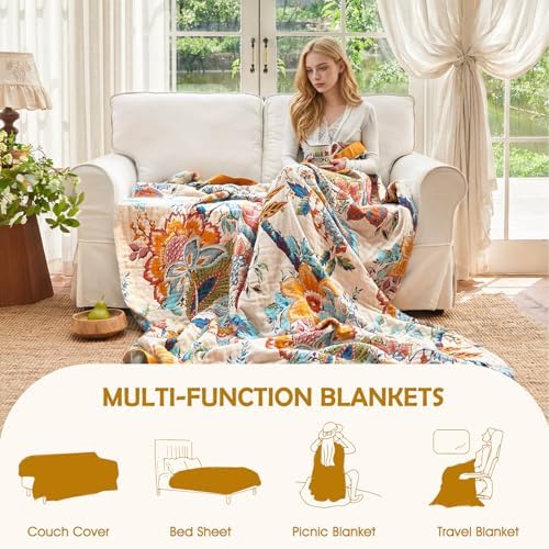 Boho Throw Blanket - Cotton Soft 90"x90" Lightweight Blanket for Bed
