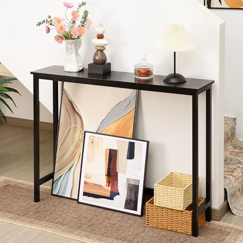 Bamboo Narrow Console Table, 39.4"(L) Wood Small Entryway Table, Accent Slim Hallway Tables, Thin Sofa Side Tables for Hallway, Living Room, Bedroom, Foyer, Black