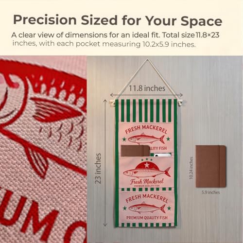 IAXIC Canvas Wall Hanging Organizer with Pockets Fish Extender Hanging Pouch Vintage Mackerel Door Closet Organizers Fabric Storage Pockets Wall Decoration