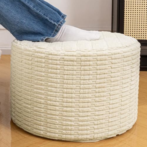 Asuprui Supportive Boucle Pouf Ottoman Foot Rest Elevate Your Living Room Decor with Lightweight Pouf Filler Modern Foam Stuffed Poof Perfect to Rest Your Feet (Ivory, 20x20x14 Inches)