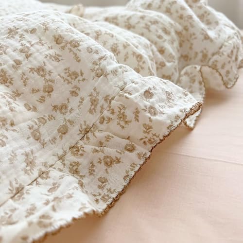 Soft Cotton Muslin Duvet Cover Girls Kids Floral Duvet Cover Beige Crib Bedding Comforter Cover Quilt Cover, 47"x59", Camellia Print (Pillowcases Not Included)