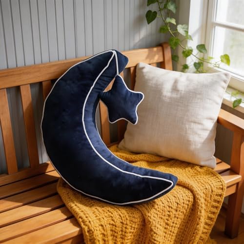 Moon Pillow Decorative Throw Pillows with Soft Faux Velvet for Couch Cute Cushion for Bedroom Office Navy