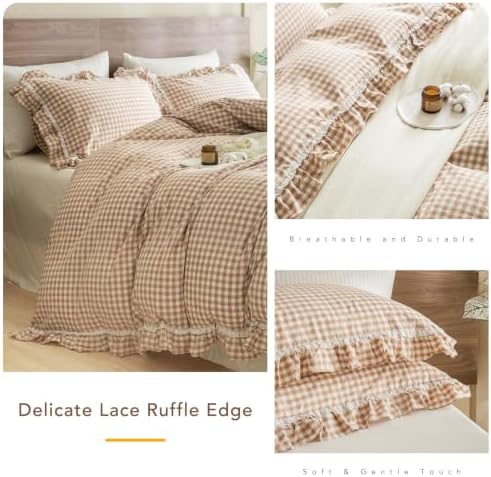 3PCs Khaki Plaid Lace Ruffled Duvet Cover Set King Size Washed Cotton Tan Gingham Shabby Vintage Boho Chic Comforter Cover Set Farmhouse Ultra Soft Bedding Quilt Cover King with Pillow Shams